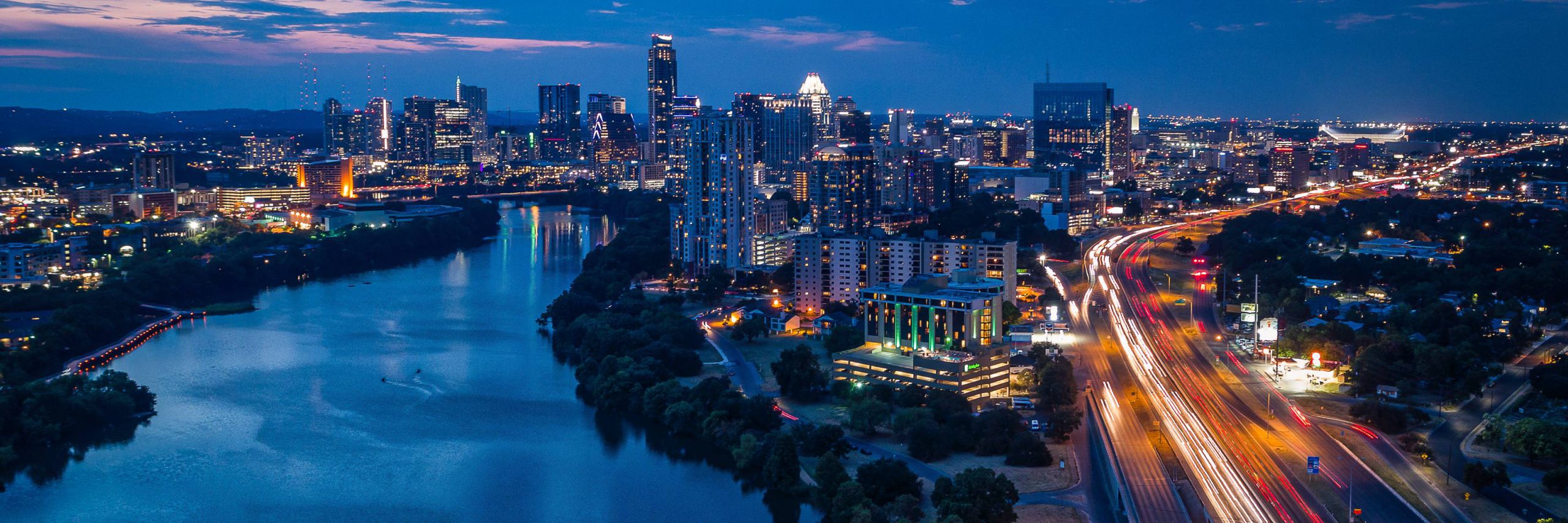 Aerial of Austin, TX at night