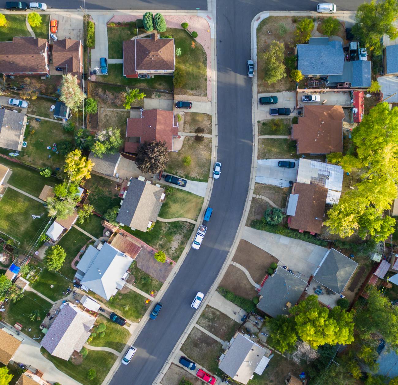 Looking down at houses from the sky